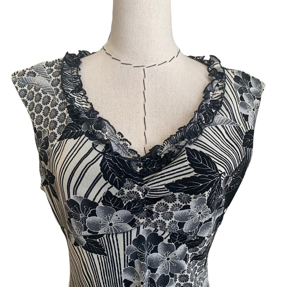 Vintage 90s Mica Black and White Print Mesh Midi Dress Medium - Picture 2 of 7